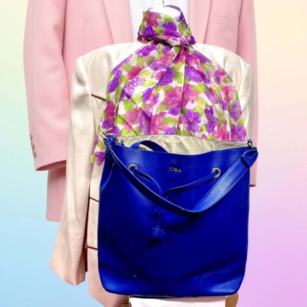 Furla Blue Leather Hobo Shoulder Bag 13"x4"x11" +FREE Chiffon Floral Scarf (40 - Picture 2 of 15